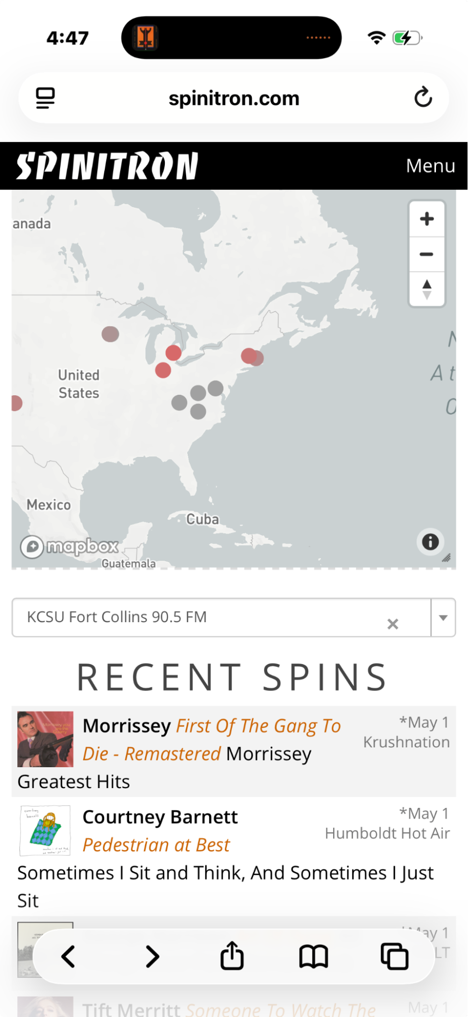 Spinitron recent spins live feed on a phone screen
